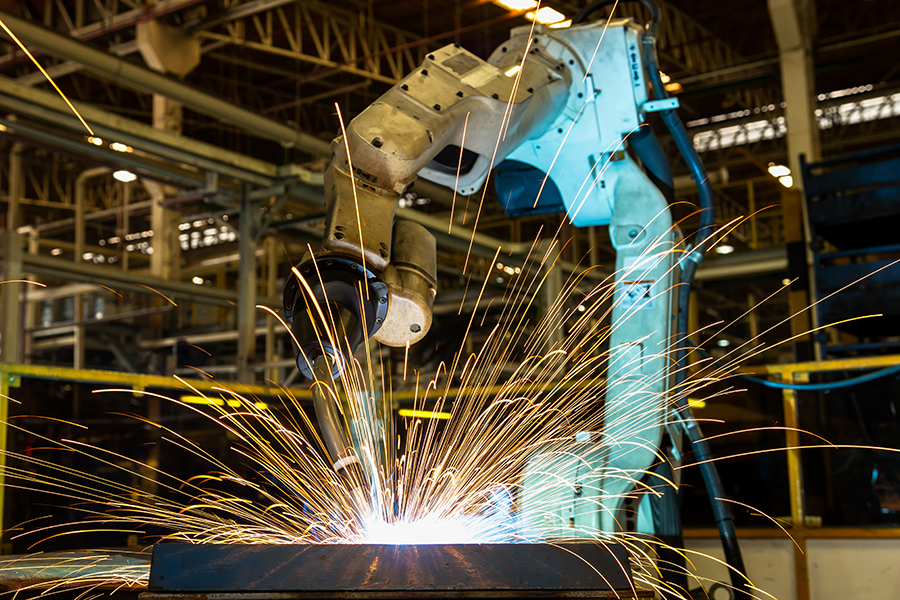 Robot welding assembly automotive part in factory robot welding automotive parts in a factory